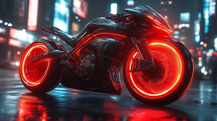 Futuristic motorcycle with red neon lights at night.