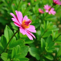 Obraz premium Pink flower blossoming in a lush green garden bed, nature, foliage