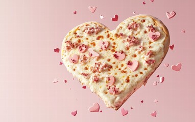 A pastel-themed heart-shaped pizza with creamy cheese and pink toppings, suspended mid-air on a light pastel pink background for Saint Valentines Day