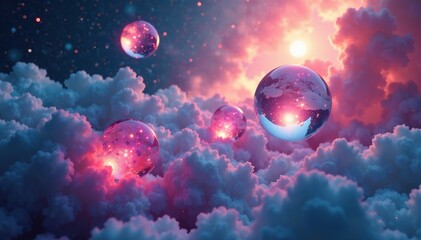 Obraz premium Interconnected spheres suspended in a dreamy atmosphere, atmospheric, surreal