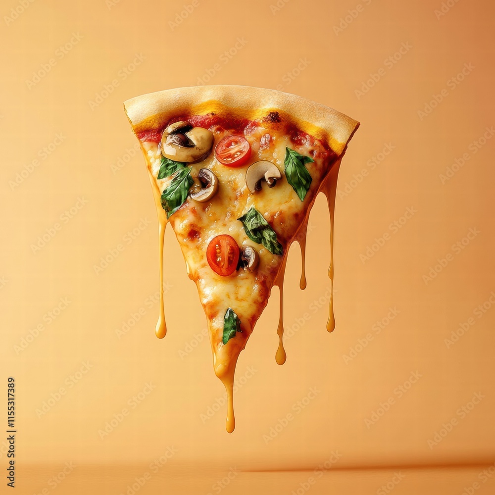Aufkleber stylized pizza slice with vibrant toppings and cheese drips against a minimalist backdrop. generativ