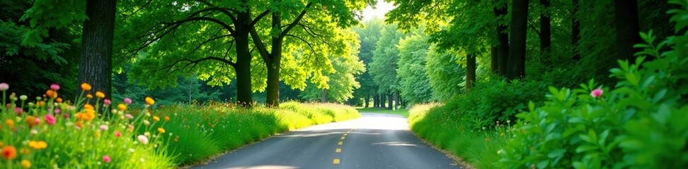 Serene winding road through lush green landscape with trees and flowers, roads, green