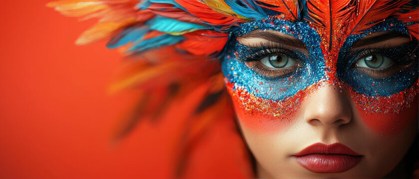 Primer plano de la cara de una mujer posando con maquillaje colorido y plumas rojas, amarillas y naranjas sobre fondo rojo. Concepto fondos y felicitaciones de carnaval de Brasil y venecia