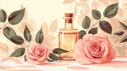 Elegant Glass Bottle Surrounded by Soft Pink Roses and Leaves