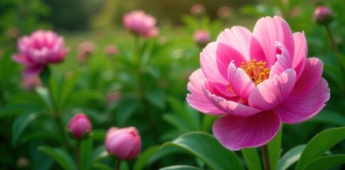 Obraz premium Delicate peonies unfurl their petals in a lush garden, petals, leaves