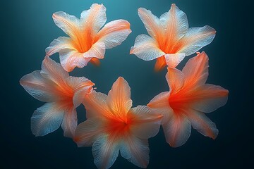 Obraz premium Five Orange Flowers Floating in Dark Water