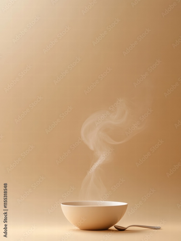 Leinwandbilder minimalist soup bowl with steam curls and spoon creating a soothing atmosphere for culinary delight.