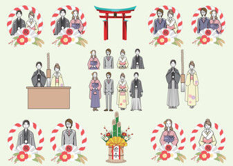 初詣、成人式に正装する若い男女　イラストセット