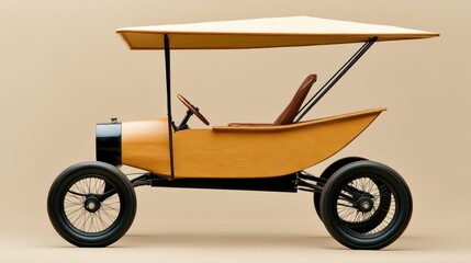Fototapeta premium Vintage wooden-style car with canopy, showcasing elegant design and retro aesthetics in a minimalist studio setting on beige backdrop