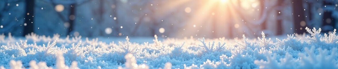 Fototapeta premium Frosty morning landscape with snowflakes gently falling, cold, frost, winter