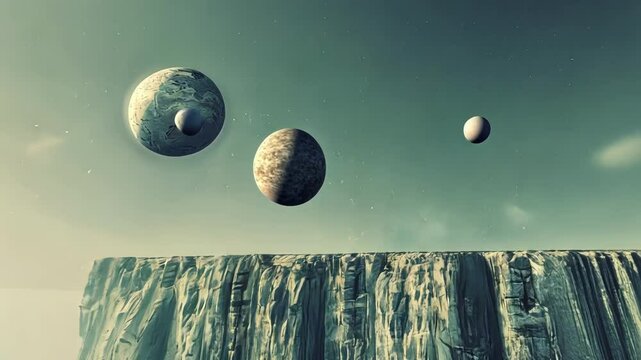 A surreal digital artwork of a massive imposing cliff with a miniature electron suspended in midair making a symbolic quantum leap towards a tiny planet below.