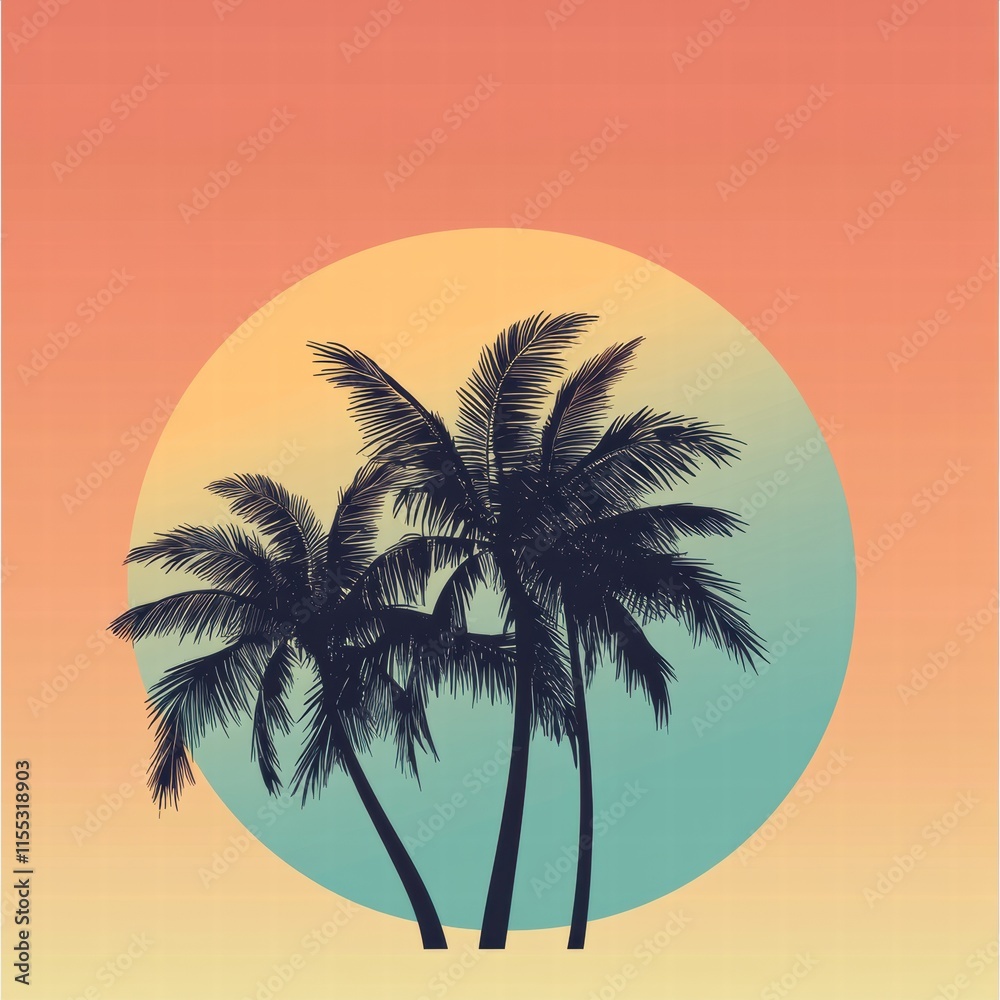 Poster palm trees silhouetted against a vibrant pastel sky during sunset in a minimalist style with copy sp