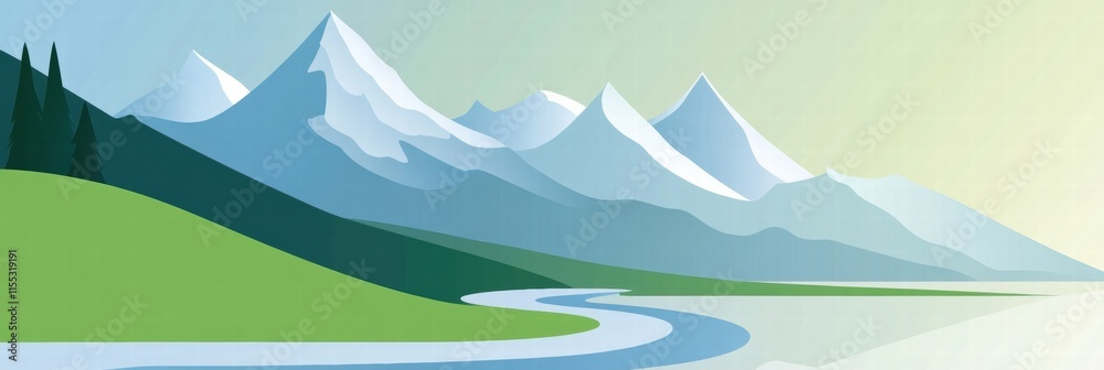 Aufkleber Mountain range with winding river in a serene landscape offering a minimalist blank space for text. Generative AI