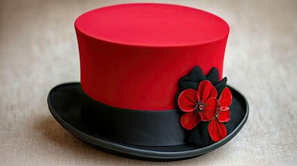 Elegant Red Top Hat with Black Ribbon and Red Floral Decoration for Fashionable Events and Special Occasions