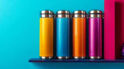 Fototapeta premium Four colorful thermoses arranged on a shelf against a bright blue background.