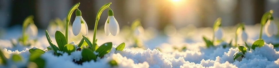 Fototapeta premium Delicate petals of snowdrops unfolding in forest sunlight, snowdrops, snow