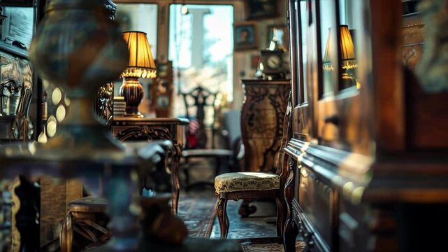 A muddled view of antique furniture and home decor items from a distance.