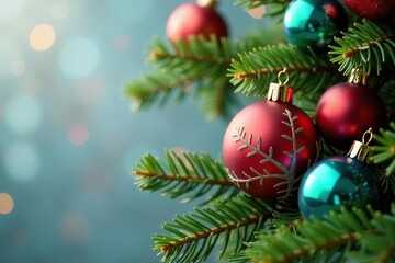 Colorful glass and metal balls adorn pine branches, decorations, garland