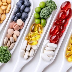 Colorful Array of Health Supplements on White Spoons Featuring Vitamins, Capsules, and Nutritional Oils for Wellness and Nutrition Concepts