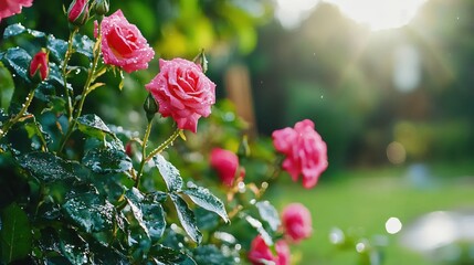 Fresh Pink Roses Blooming with Morning Dew in Sunlit Garden