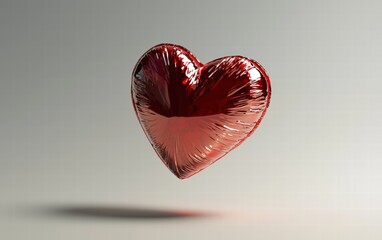 A classic heart-shaped gift box wrapped in shiny red foil, floating mid-air on a clean white surface