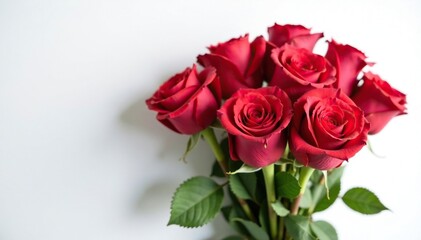 A bouquet of fresh long-stemmed red roses against a clean white background, arrangement, fresh, blooms