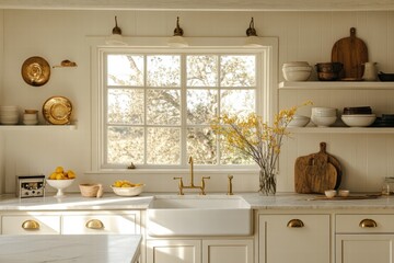 Sunlit Farmhouse Kitchen Interior with Brass Accents