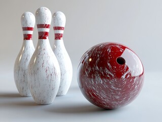 Red and white bowling ball and pins on white background.