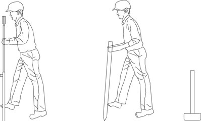 vector sketch illustration of the silhouette design of a construction worker installing a stake for a building.eps