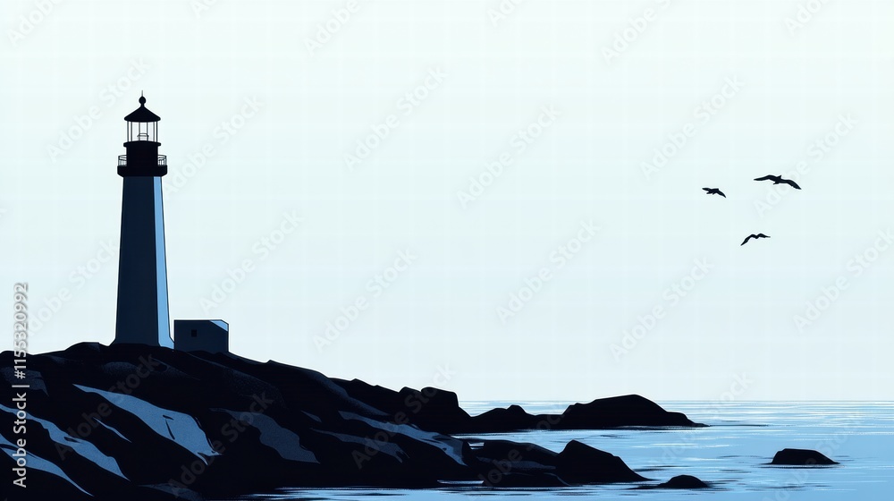 Poster lighthouse silhouette on rocky coast at dusk with tranquil seascape and space for text and design el