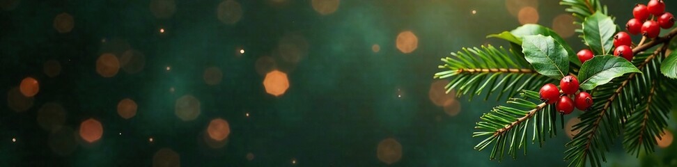 Obraz premium Green holly branches with red berries hanging on a string, cozy atmosphere, merry christmas