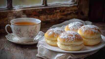 Steaming tea and powdered sugar doughnuts on rustic wood.