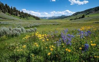 Fototapeta premium Lush green meadow with wildflowers in full bloom under a bright blue sky
