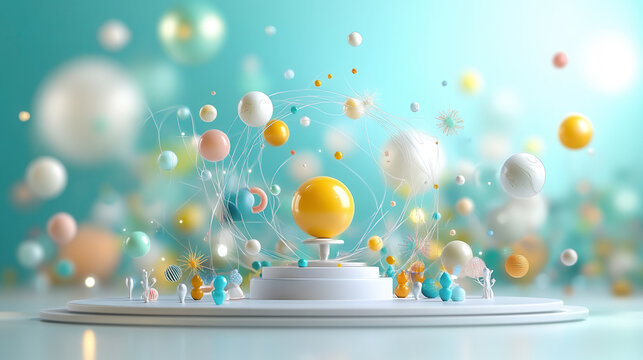 Create vibrant abstract 3D illustration featuring colorful spheres, dynamic shapes, and playful figures. scene conveys sense of joy and creativity