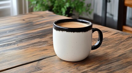 A ceramic mug filled with coffee sits on a wooden table, inviting relaxation.