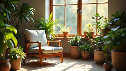 Fototapeta premium A serene interior featuring plants and a cozy chair with sunlight.