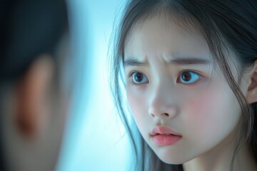 Anti aging, worry puberty asian young woman, stressed girl looking in mirror, allergy presenting an allergic reaction from cosmetic on face. Beauty, health care from acne problem, dry skin, Generative