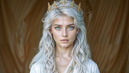 A boy with White holographic Ancient Persian dress, Smooth long dress, golden crown, blue eyes, tanned skin