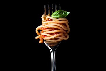 Spaghetti on a fork with tomato sauce and basil leaf isolated on black background, food concept, restaurant, recipe, food blog 