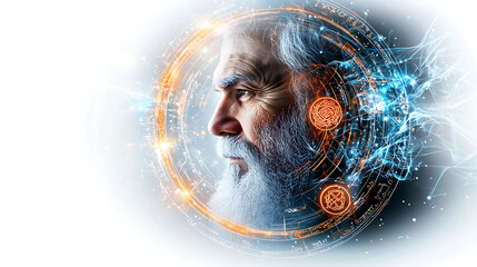 Elderly man contemplating future digital realm portrait surreal environment side view wisdom and technology