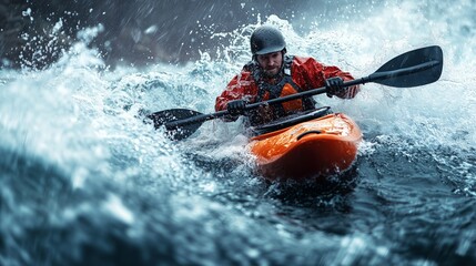 Fearless Kayaker Navigating Intense Whitewater Rapids with Determined Focus