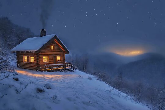 Cozy log cabin in snowy mountains at night. (1)