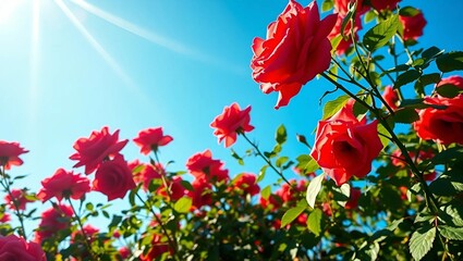 Obraz premium Red rose flowers, a vibrant garden of roses in full bloom under a bright blue sky, sunrays filtering through the petals,