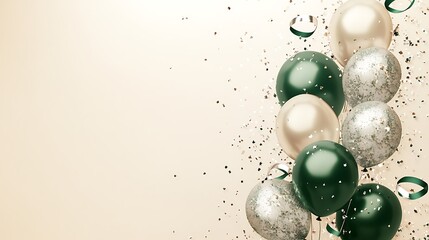 Elegant Green and Silver Balloons Celebrate Joyfully: 3D Render Festive Illustration. AI Generated