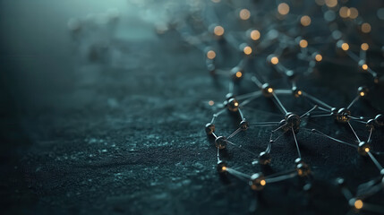 modern 3D molecular structure with glowing nodes on dark background, showcasing intricate connections and depth