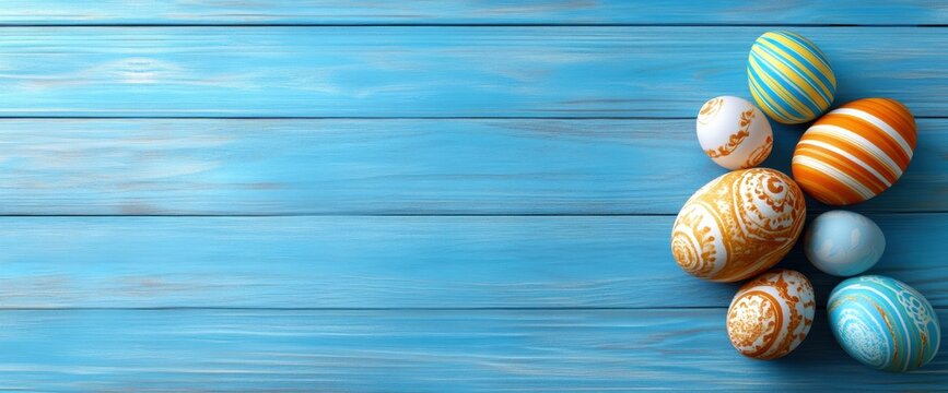 A colorful collection of beautifully decorated Easter eggs rests on a vibrant blue surface, symbolizing the joy and cherished traditions of Easter that unite families in peaceful celebration