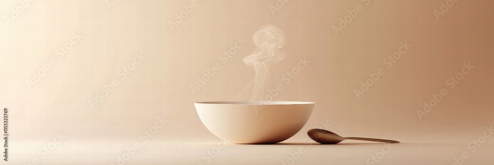 Poster Warm soup bowl with steam curls and a spoon set against a minimalist backdrop perfect for cozy dining experiences. Generative AI