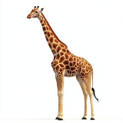Obraz premium Graceful tall giraffe standing elegantly against a simple white background showcasing its beautiful spots and long neck in a vibrant and striking manner