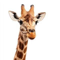 Obraz premium Close-up of a Beautiful Giraffe Head with Distinctive Spots Against a White Background, Showcasing its Graceful Neck and Expressive Eyes