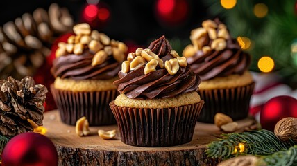 Delicious chocolate cupcakes topped with peanuts, set against a festive background of holiday decorations and pinecones.